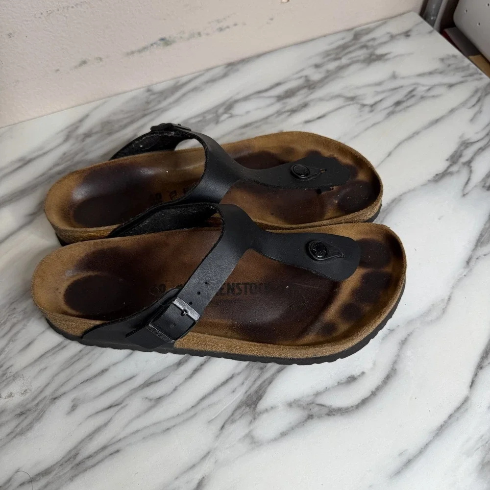 Birkenstock Gizeh Womens Leather Sandals Black Thong Birkoflor Size 40 US 9 Cork